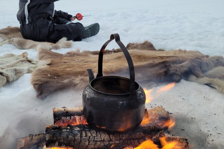 Person in winter clothes sitting on fur by fire with kettle, snowy landscape in background.