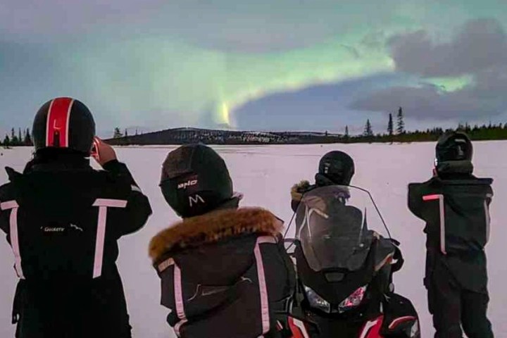 Four people in winter gear observe the Northern Lights in a snowy landscape.