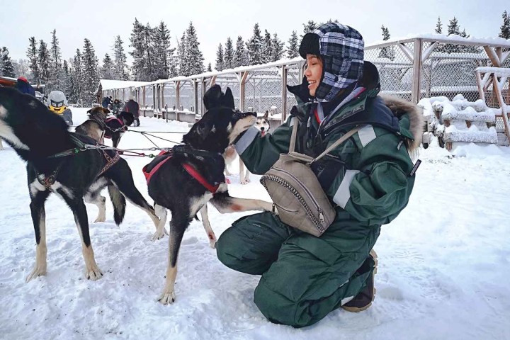 Person in winter attire kneels, greeting sled dogs in snowy landscape.