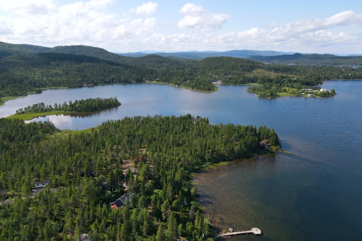 Aerial view of a forested lakeshore with small islands and distant hills under a partly cloudy sky.