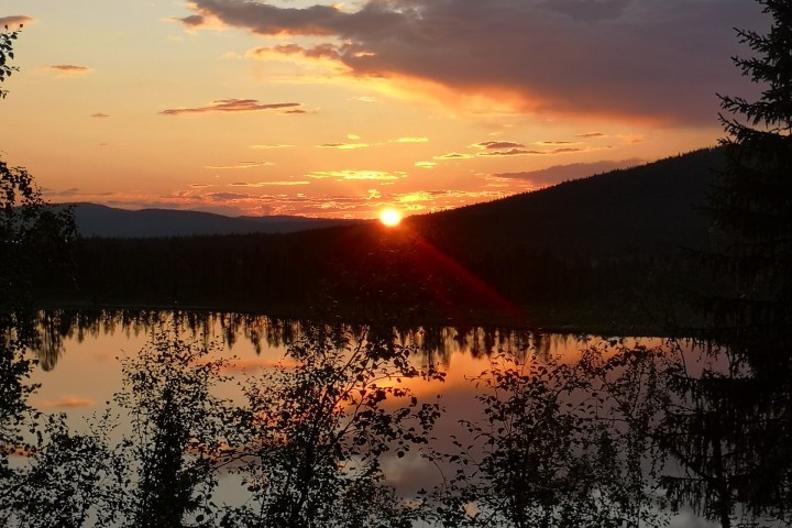 Sunset over a lake with trees silhouetted in the foreground.