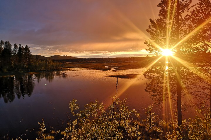 Sunset over a tranquil lake with silhouetted trees and vibrant sky.