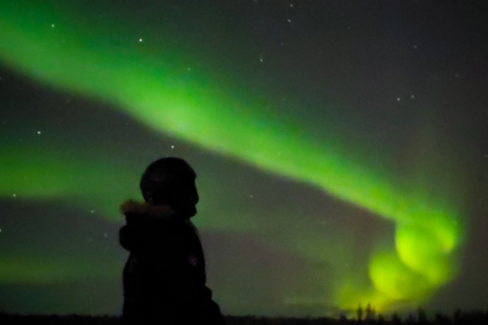 Person kneeling on snowy ground under the green northern lights at night.