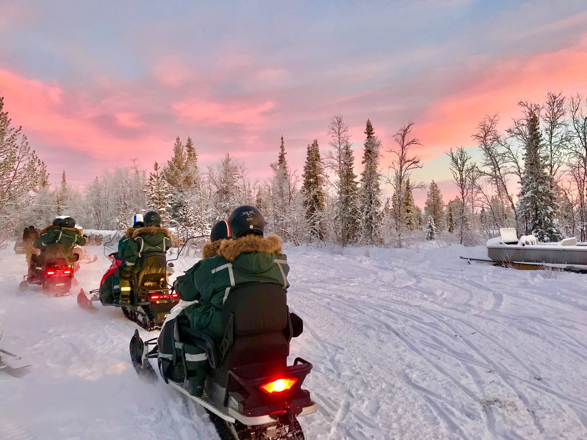 People on snowmobiles driving through snowy forest at sunset with pink sky.