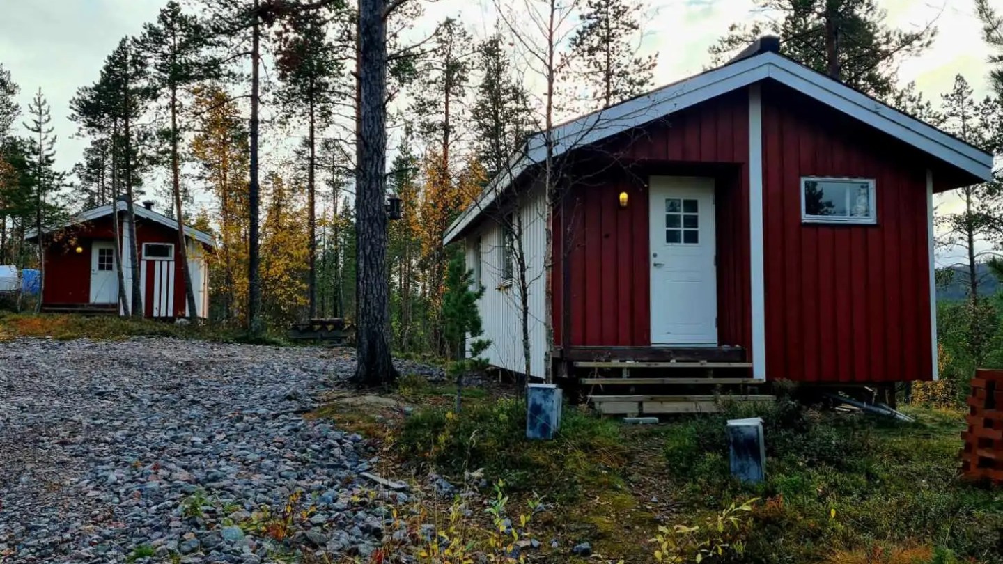 Red cabins in a forest with trees and rocky ground, under a cloudy sky.