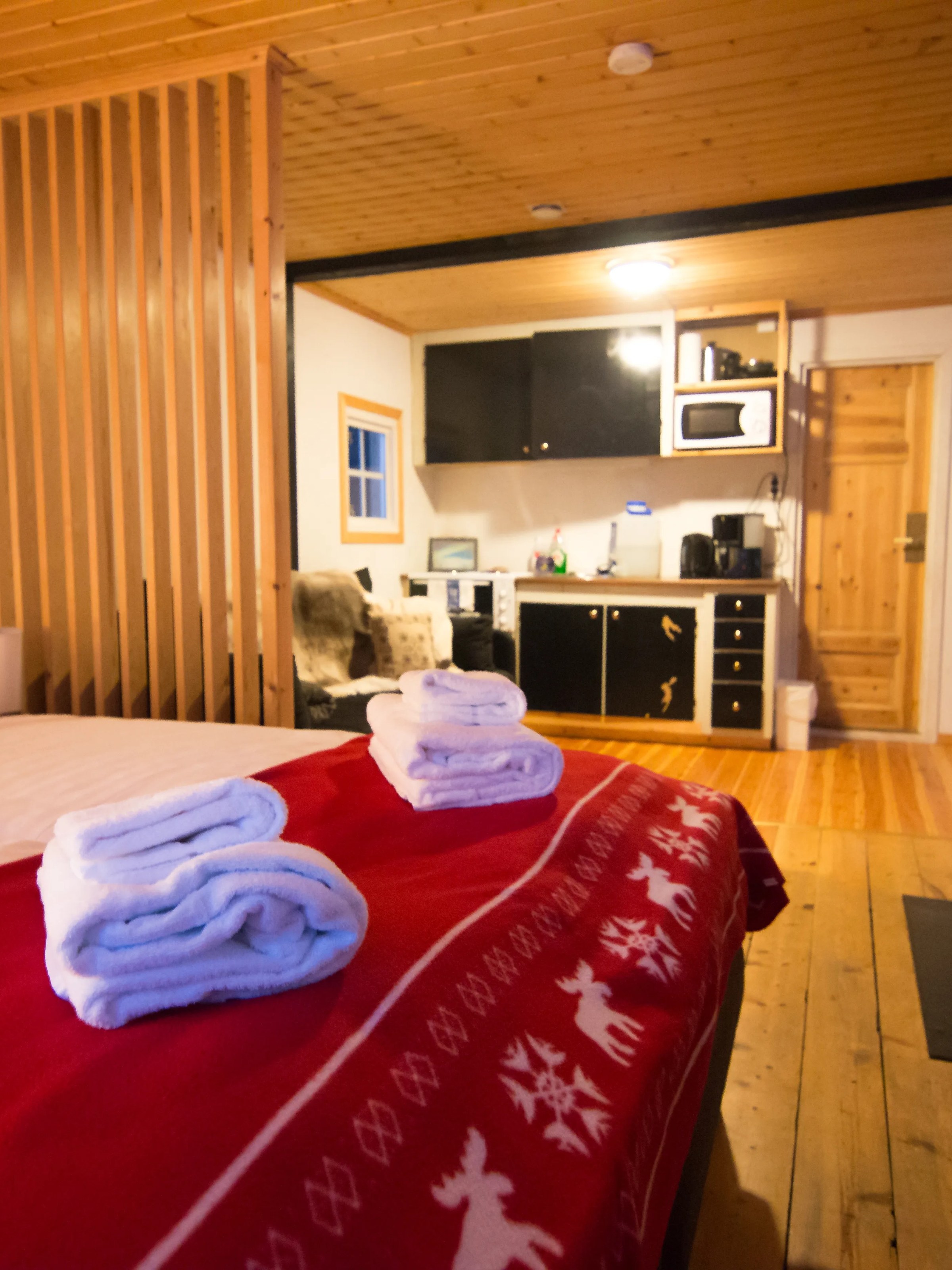 Cozy cabin interior with bed, red blanket, kitchenette, wooden floors, and a wood stove.