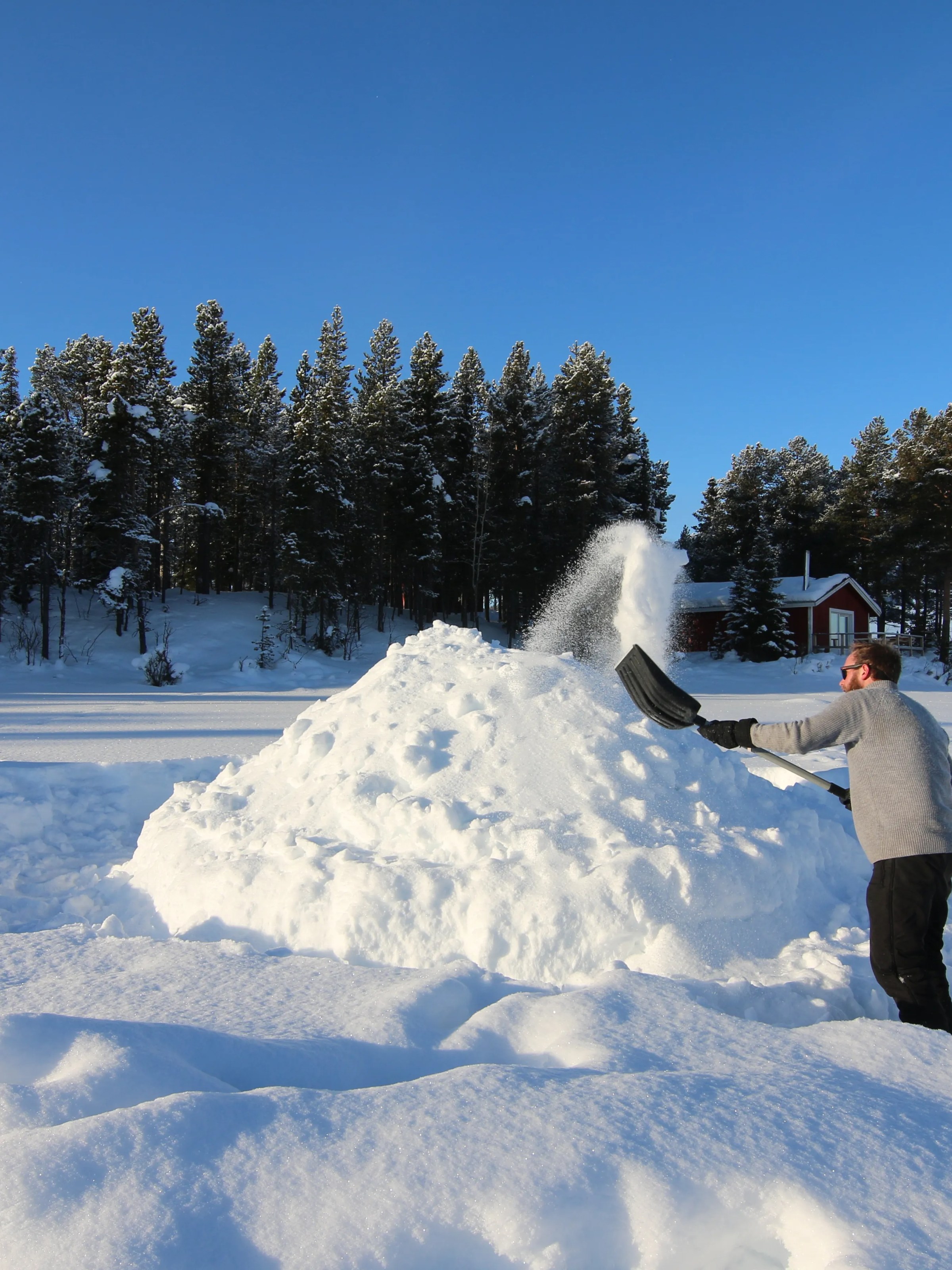 Person shoveling snow into a pile outdoors with snowy trees and a cabin in the background.
