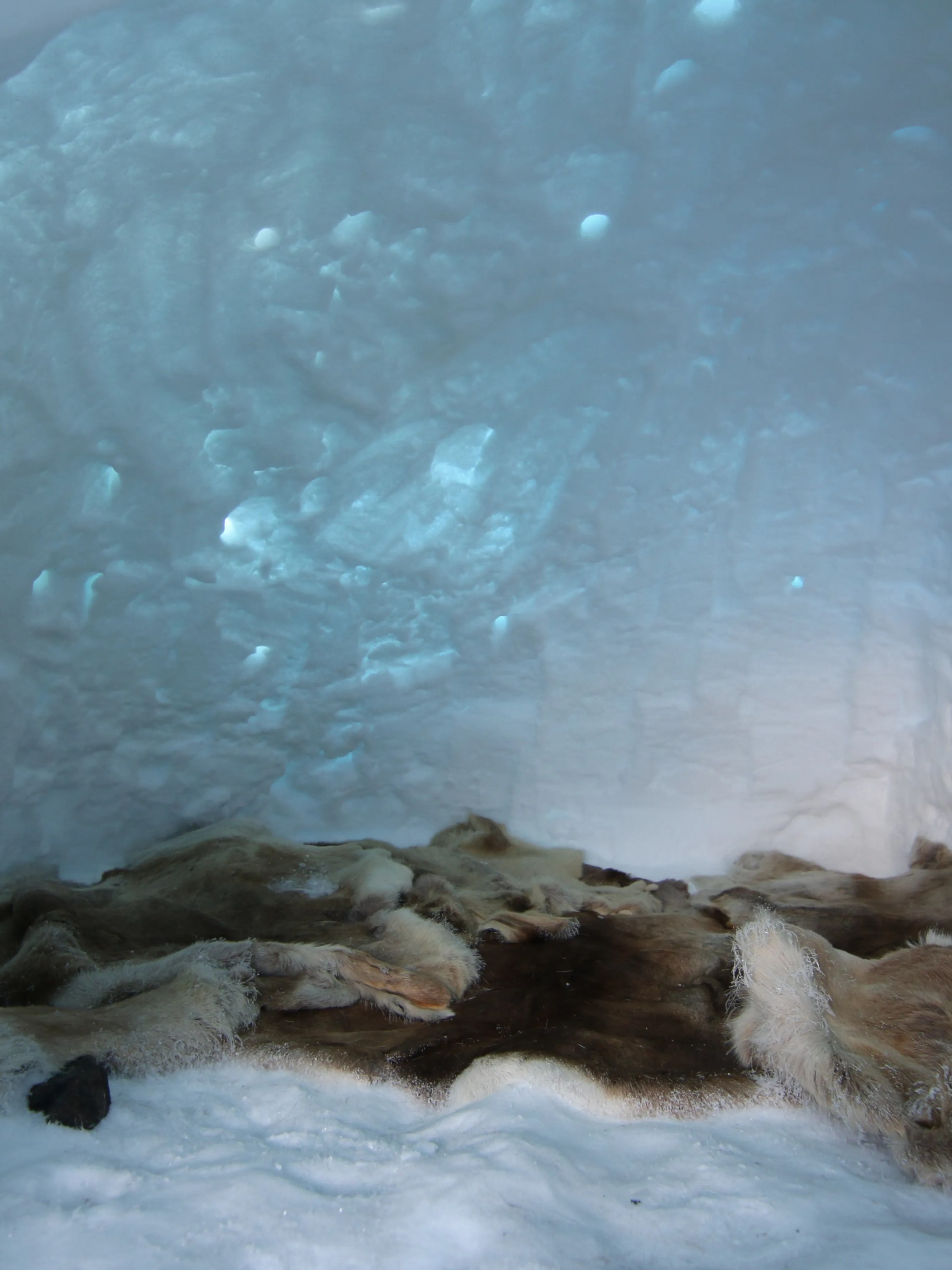 Interior of an igloo with snow walls and fur-covered floor.