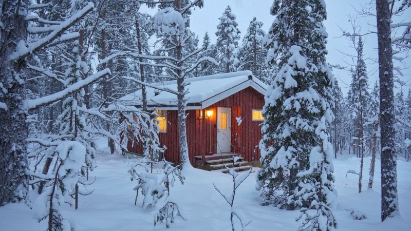Snow-covered cabin with glowing lights surrounded by trees in a winter forest.