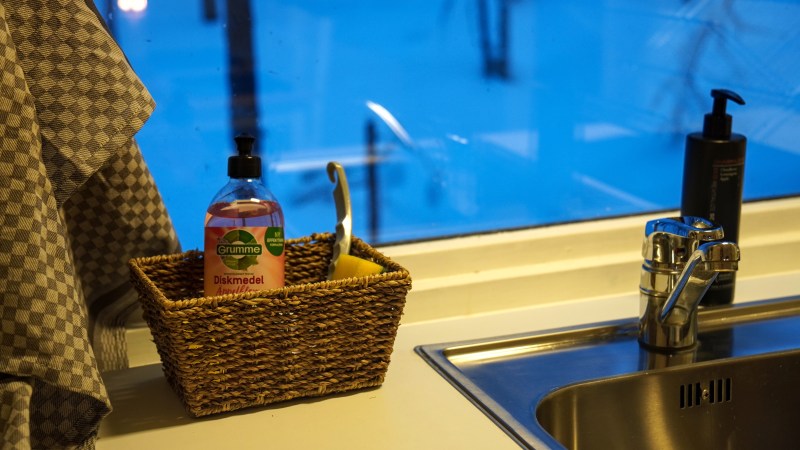 Kitchen sink with soap in a basket and blue light from window.