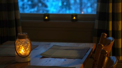Cozy dining table with candlelit jar, placemats, and window showing snowy evening.