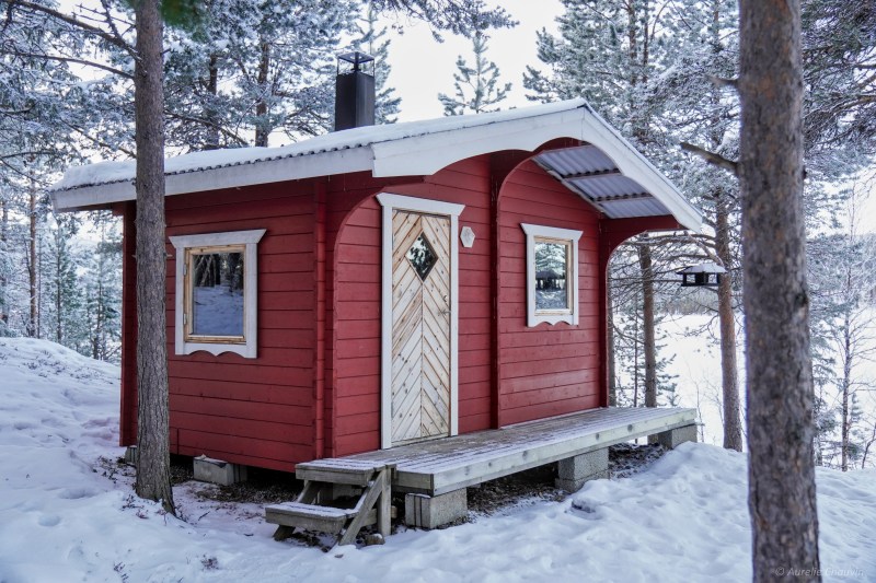 Red wooden cabin in snowy forest with a snow-covered roof and trees around.