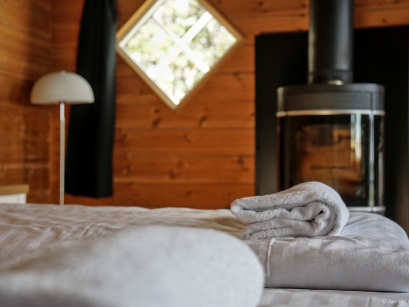Wood-paneled room with fireplace, window, and folded towels on bed.