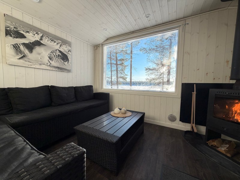 Cozy room with black couch, wood stove, table; snowy landscape visible through large window.