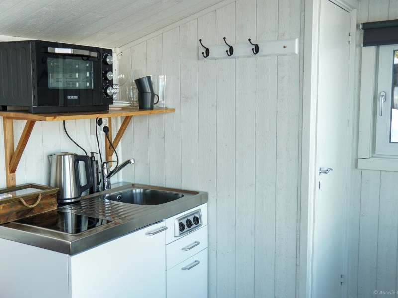 Compact kitchen with microwave, sink, kettle, and induction cooktop on white cabinets.