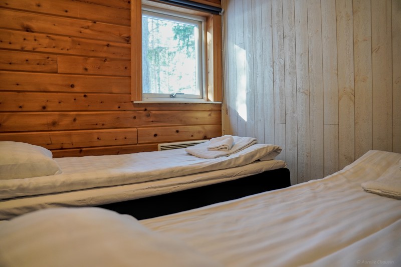 Two single beds with white linens in a wooden-walled room with a window.