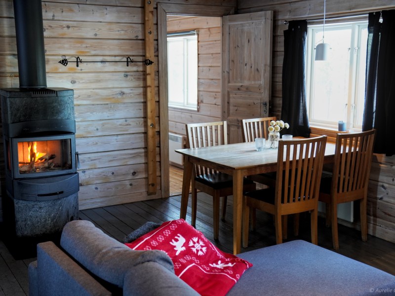 Cozy cabin interior with a wood stove, dining table, and sofa.