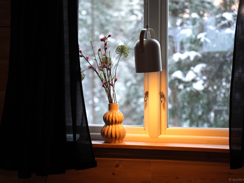 Vase with flowers on a windowsill, curtains open, snowy trees outside.