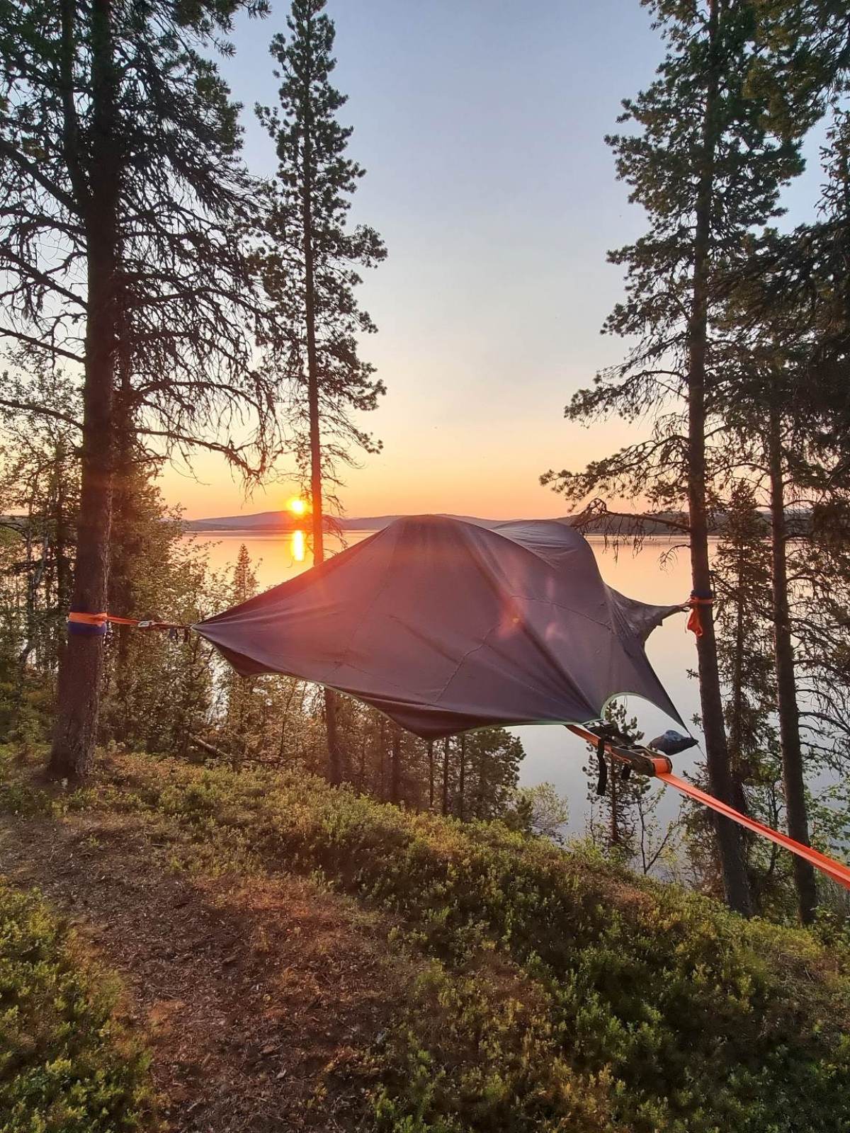 Tent suspended between trees by a lake at sunset.