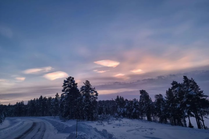 Snowy landscape with a road, trees, and pink sunrise sky.